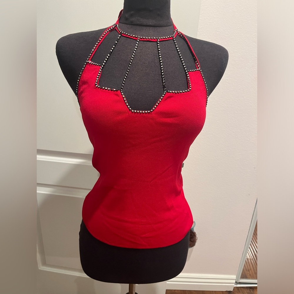 Sexy halter top with rhinestone